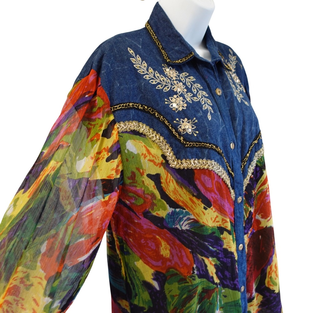 Vintage 90s Denim Floral Print Sheer Button Down Shirt Western‎ Womens Large